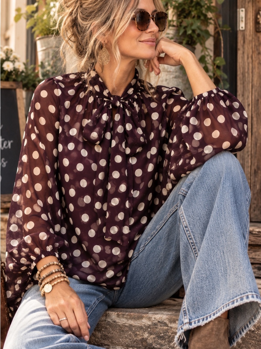 Umgee Plum Polka Dot Tie Neck Sheer Blouse Small EUC